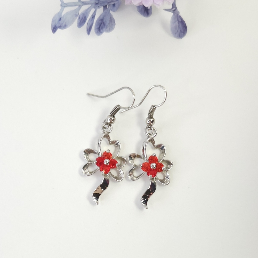 Sterling Silver Red Crystal Remembrance Flower Dangle Earrings
